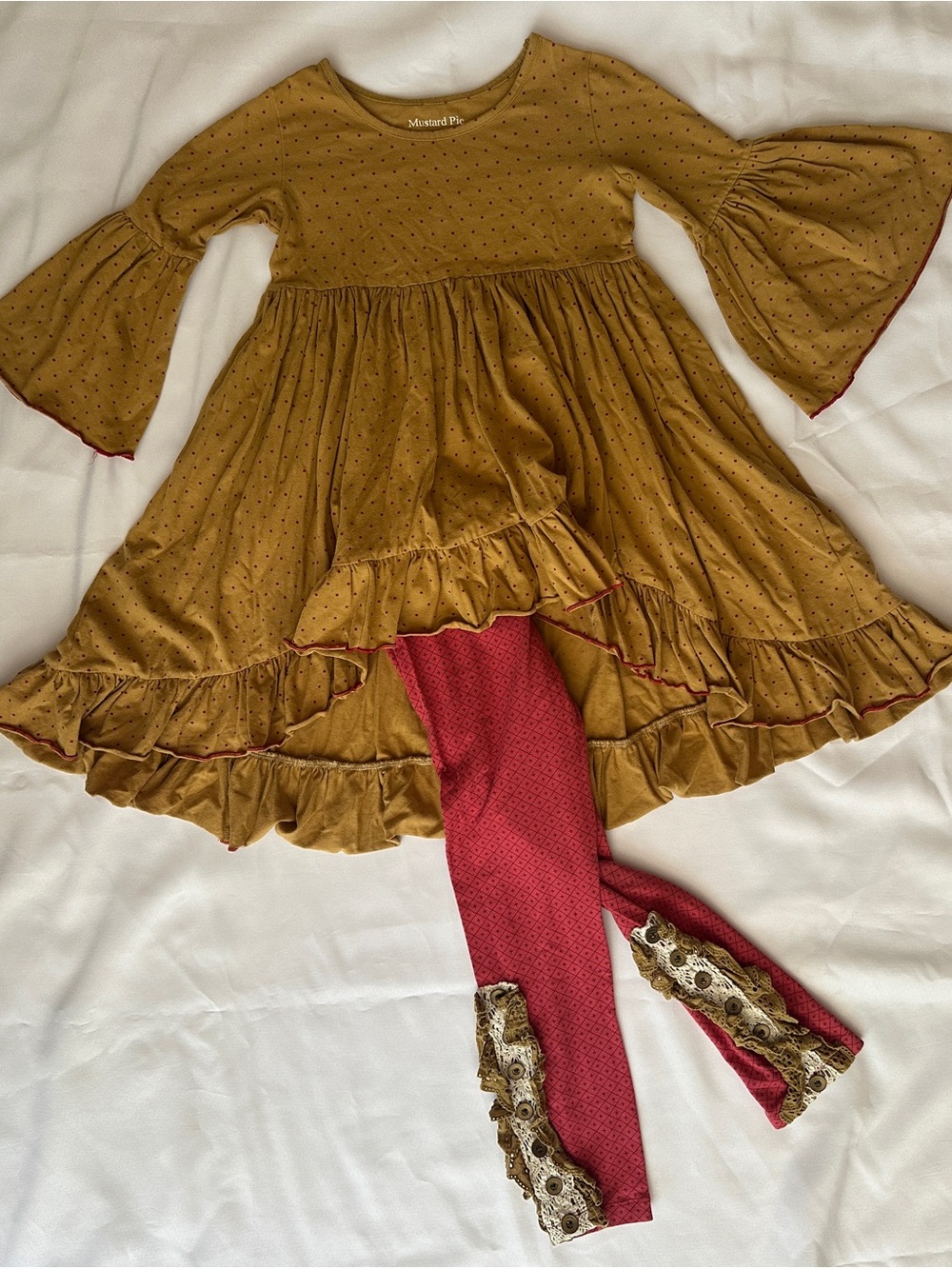 Mustard Pie Mustard Dot Ruffle Dress with Red Leggings